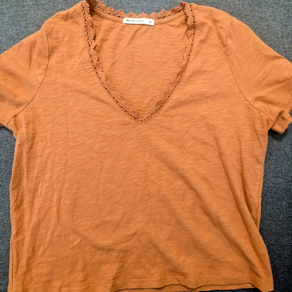 Marine Layer Burnt Orange V-Neck Top with Lace Trim